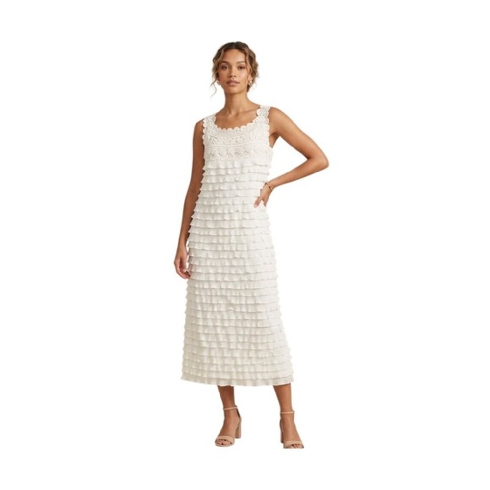 Signature Robbie Bee Tiered Ruffled Cocktail Dress Ivory Chiffon Midi Sleeveless